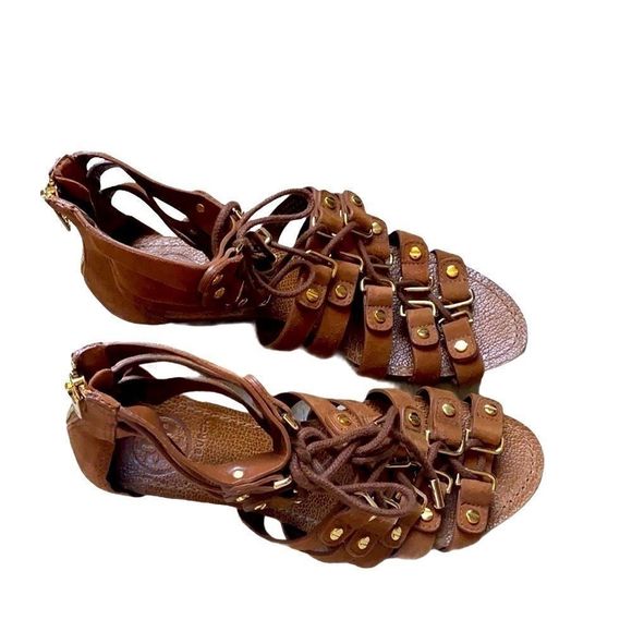 Tory Burch Gladiator Brown Sandal Gold 6 1/2 M Leather Wedge Ankle Strap Boho - Picture 5 of 14